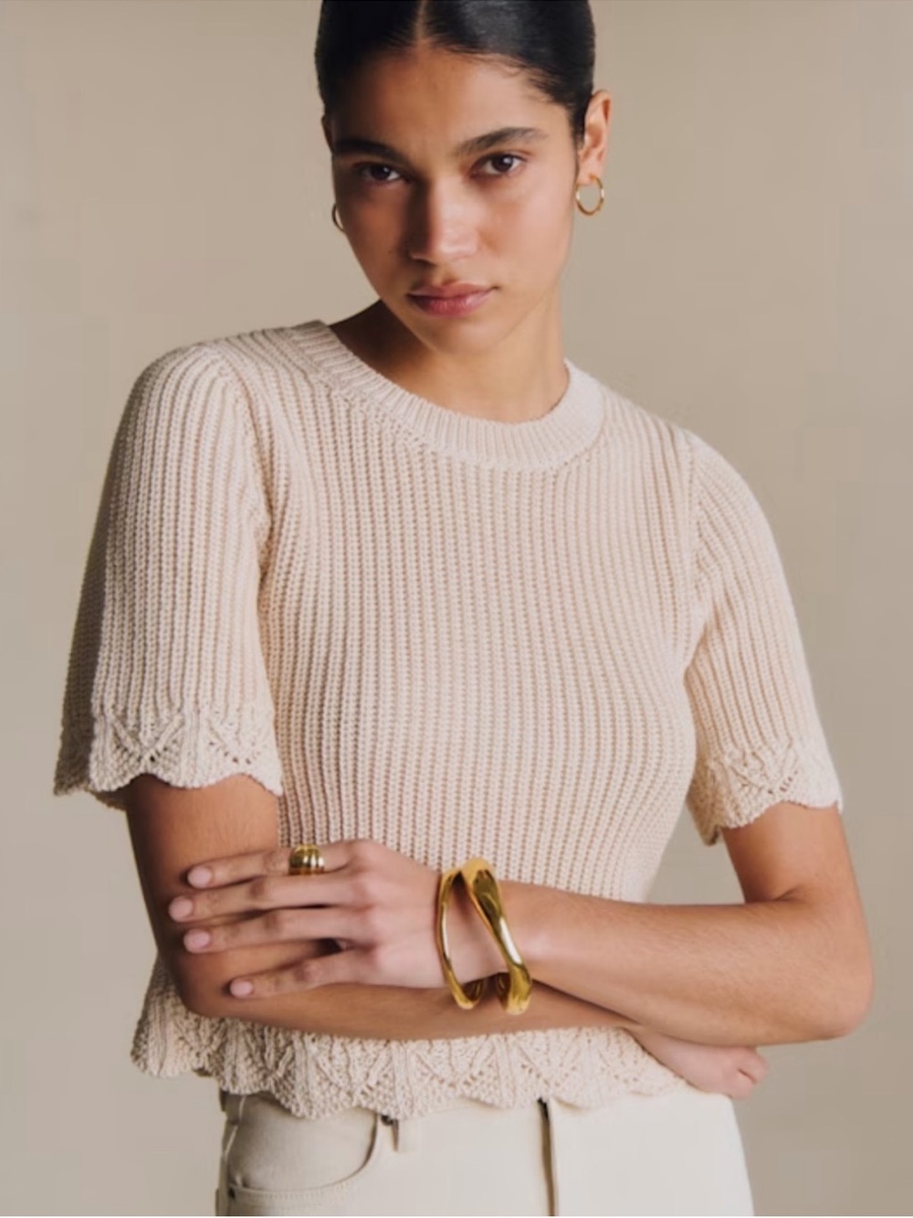 NWT Sezane Sweater Solene Short Sleeve Knit in Naturel Cream